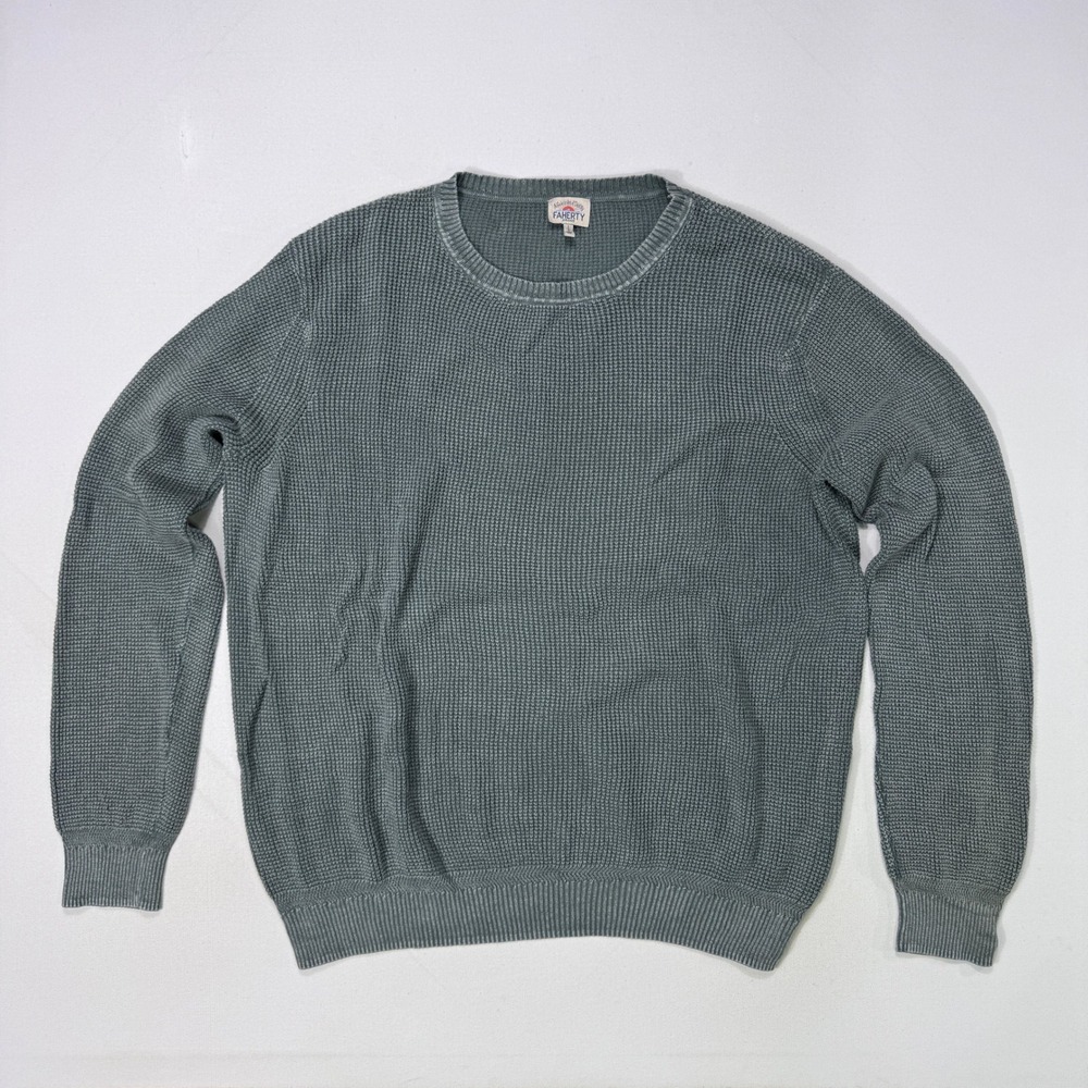 Faherty Sunwashed Waffle Crewneck Sweater Green Organic Cotton Men Large MYF2313